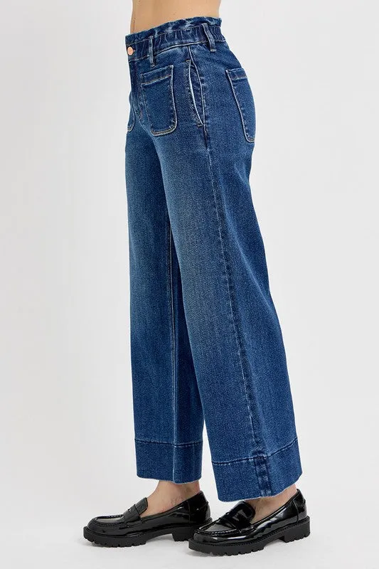 Dark Blue Elastic Band Wide Leg Jeans