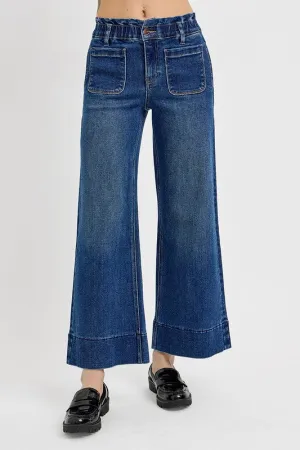 Dark Blue Elastic Band Wide Leg Jeans