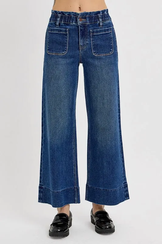 Dark Blue Elastic Band Wide Leg Jeans