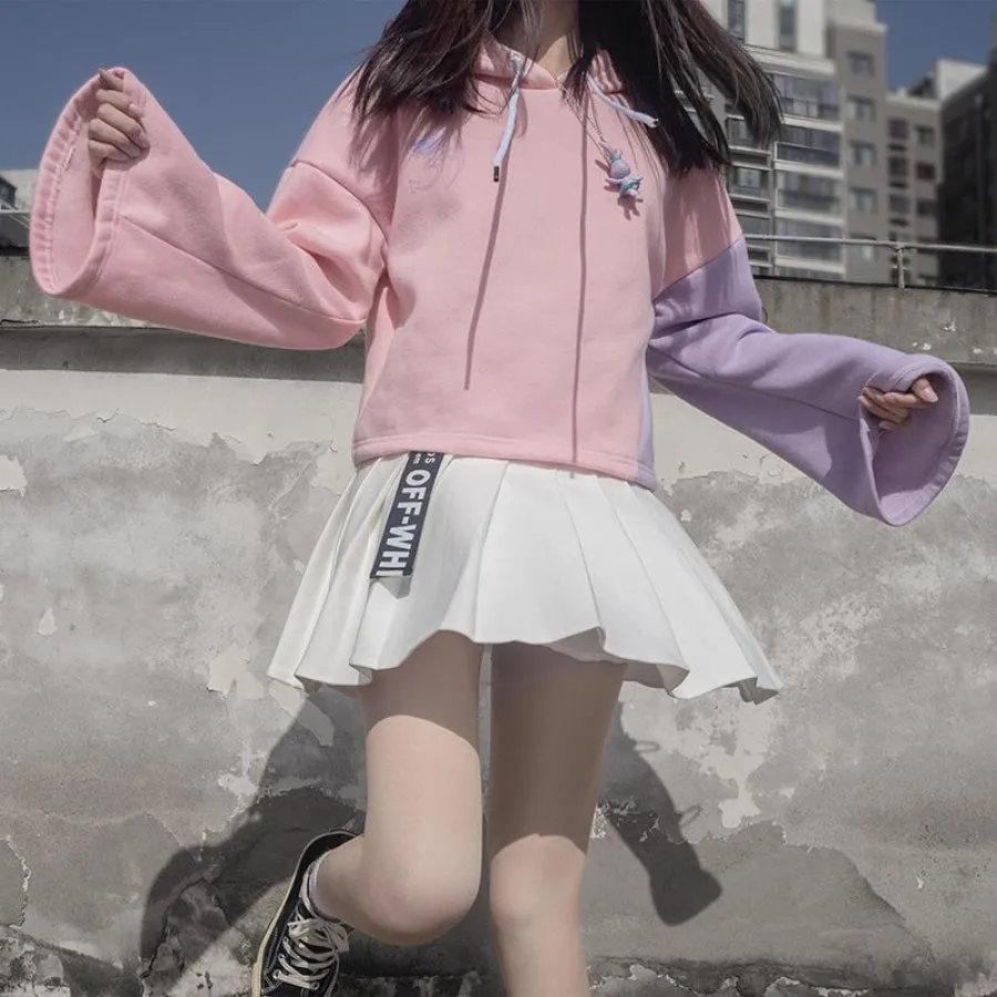 Devil Angel Love Heart Print Color-Block Hoodie Pleated Skirt J40336