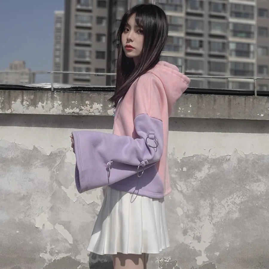 Devil Angel Love Heart Print Color-Block Hoodie Pleated Skirt J40336