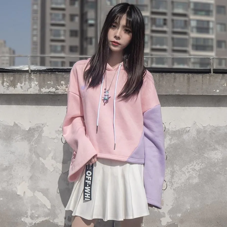 Devil Angel Love Heart Print Color-Block Hoodie Pleated Skirt J40336