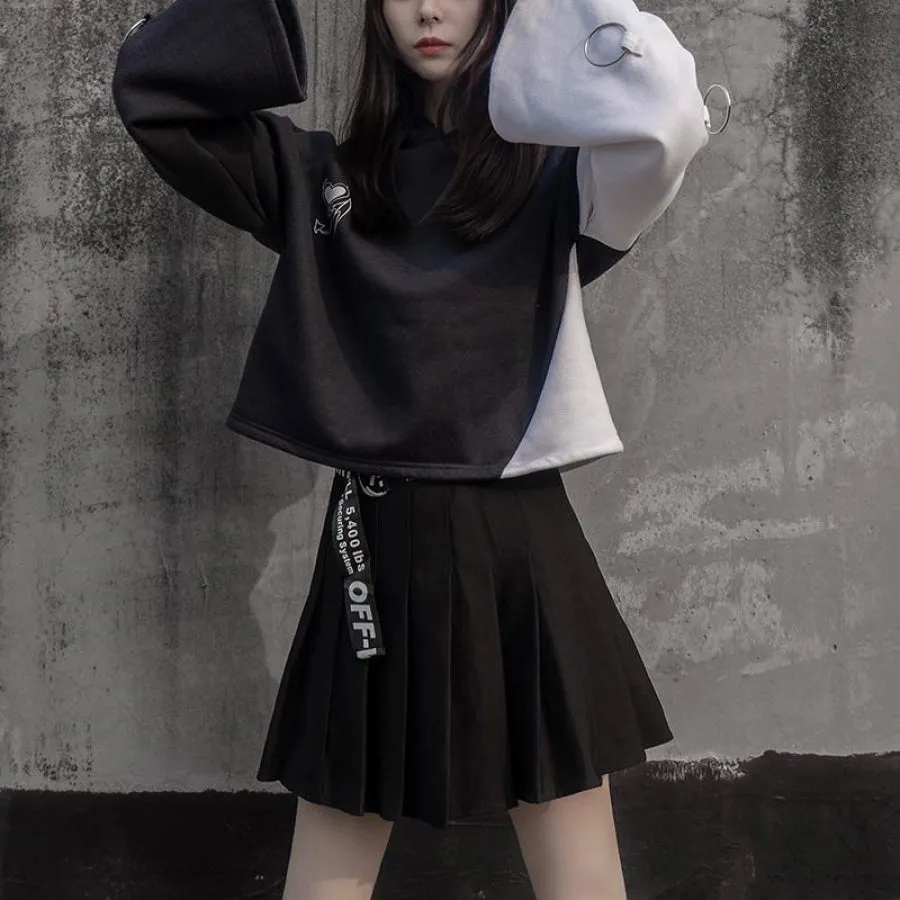 Devil Angel Love Heart Print Color-Block Hoodie Pleated Skirt J40336