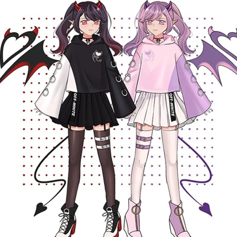 Devil Angel Love Heart Print Color-Block Hoodie Pleated Skirt J40336