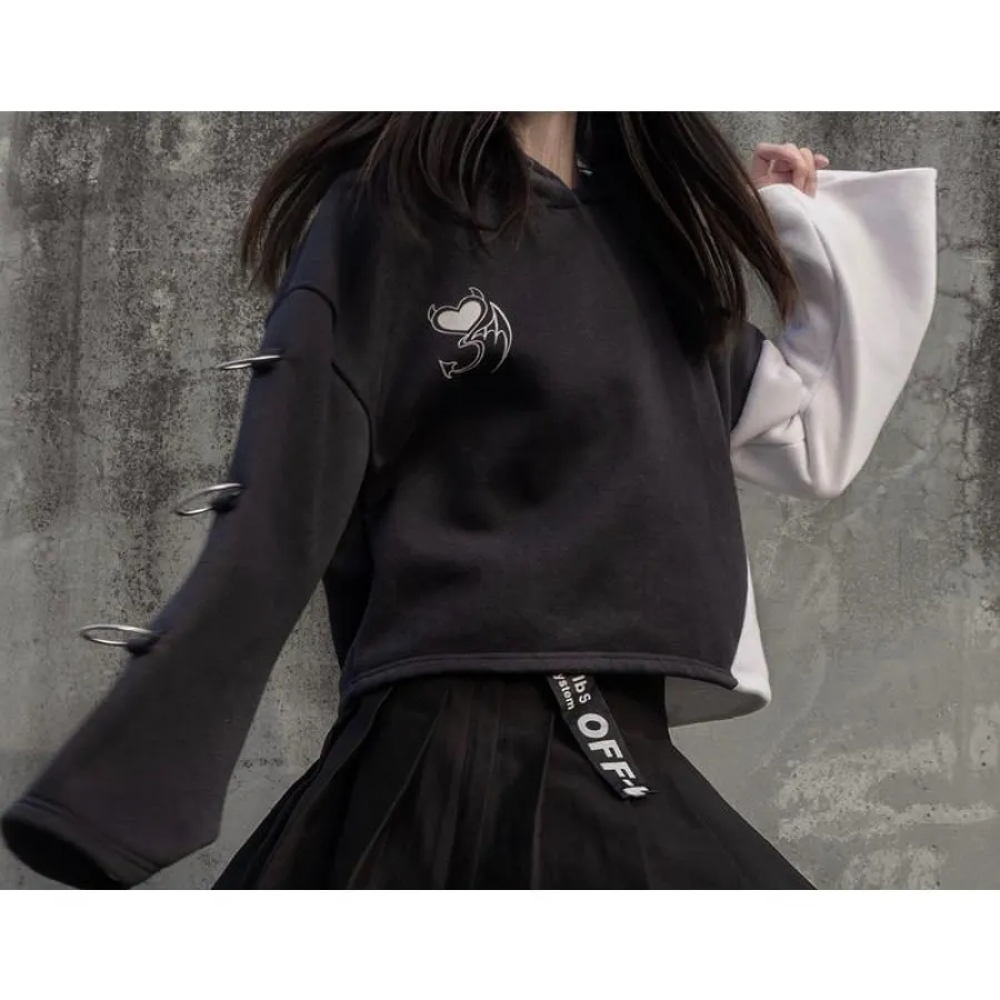 Devil Angel Love Heart Print Color-Block Hoodie Pleated Skirt J40336