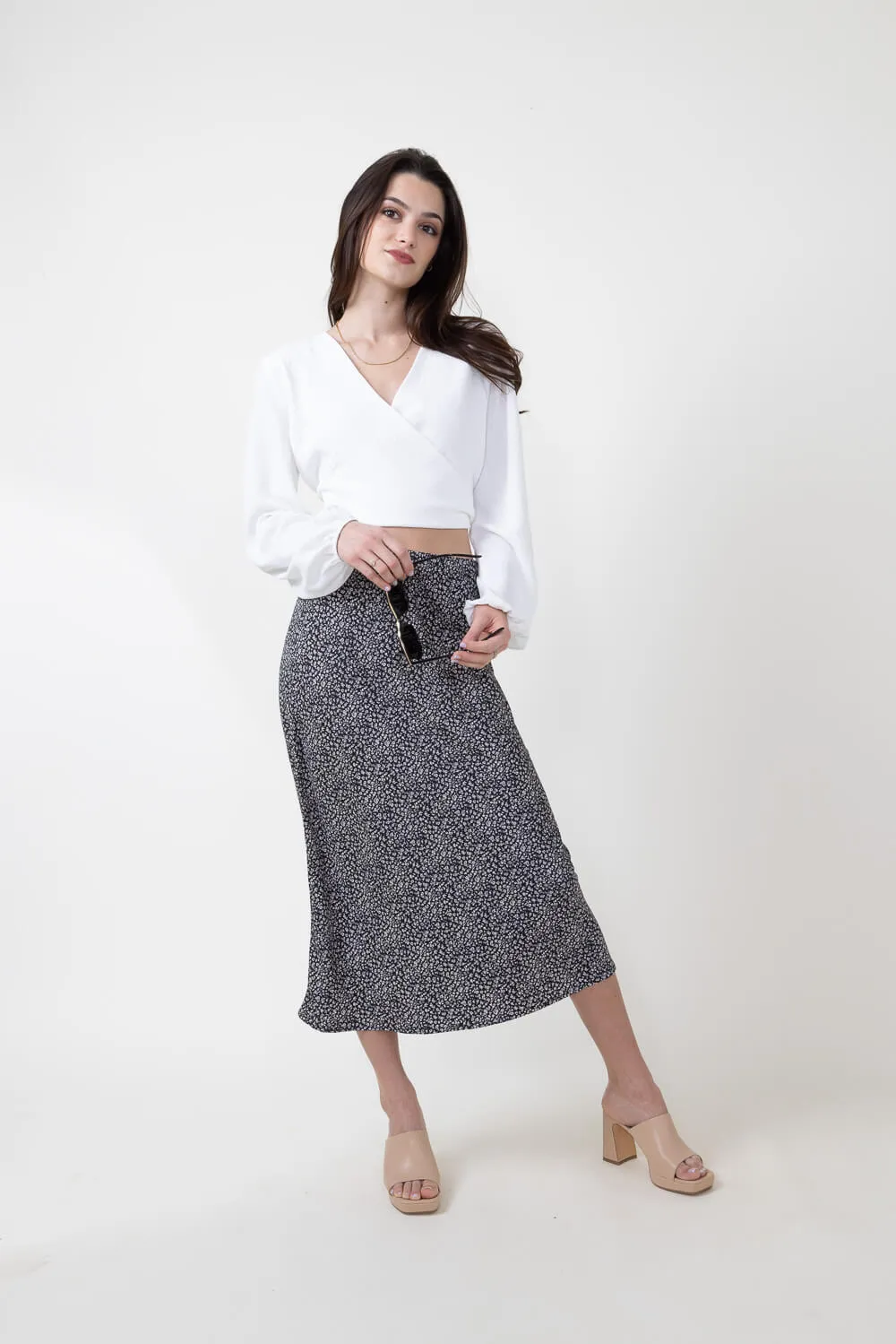 Ditsy Floral Midi Skirt for Women in Black | 71063-BLACK