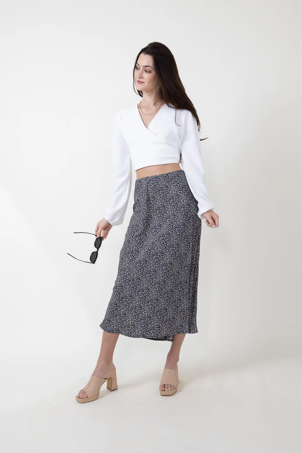 Ditsy Floral Midi Skirt for Women in Black | 71063-BLACK