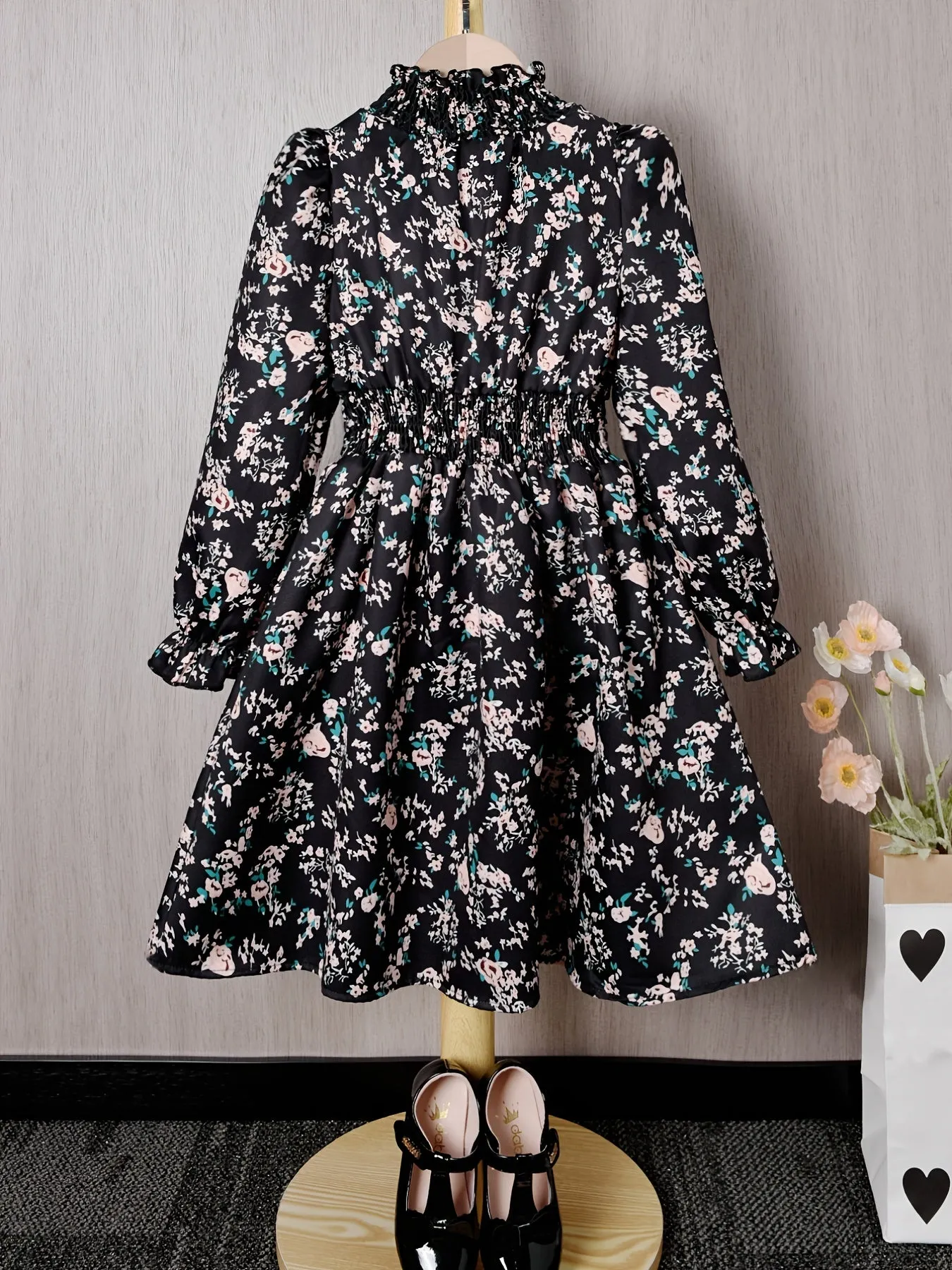 Ditsy Floral Print Long Sleeve Half Turtleneck Dress