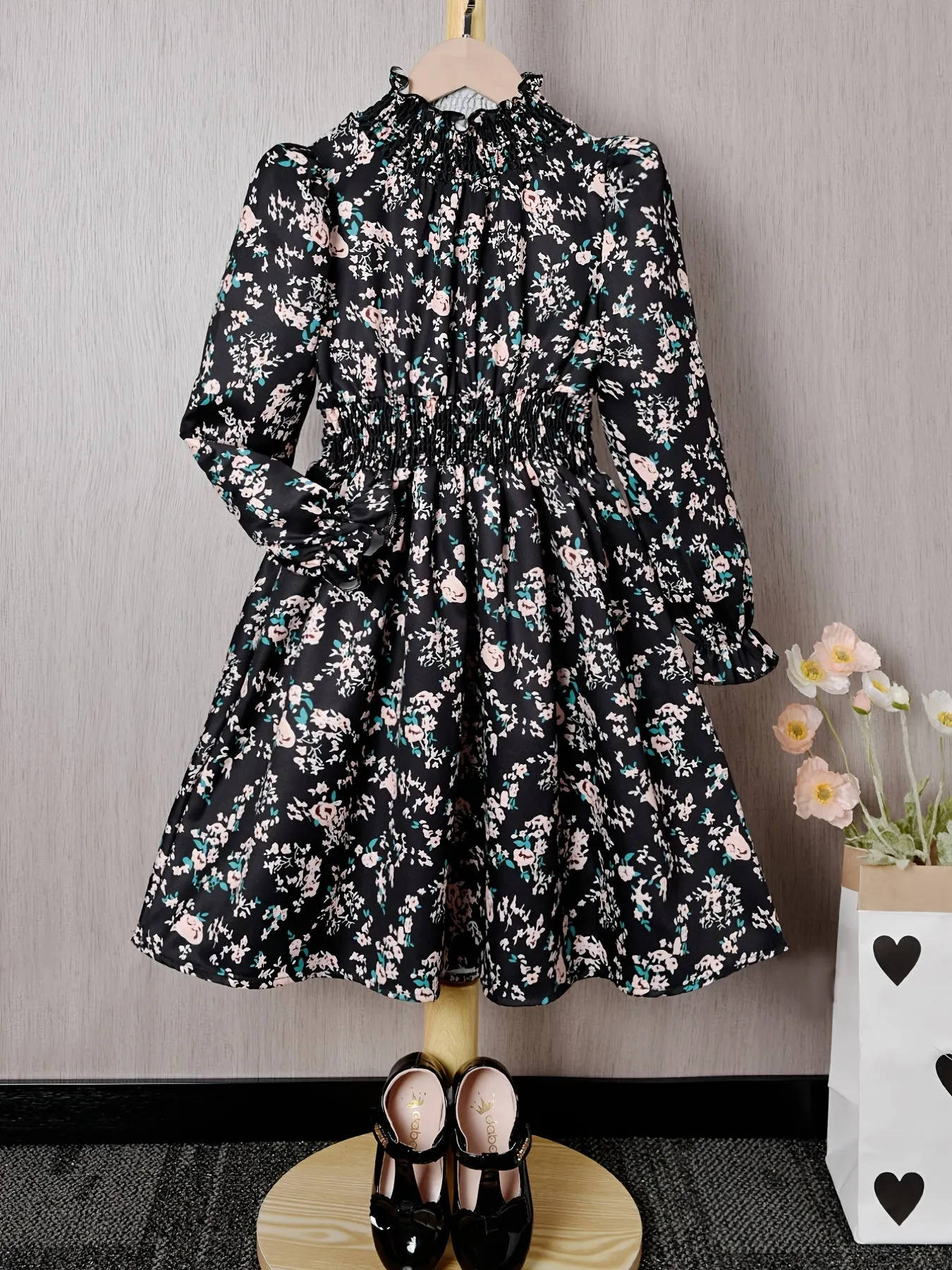 Ditsy Floral Print Long Sleeve Half Turtleneck Dress