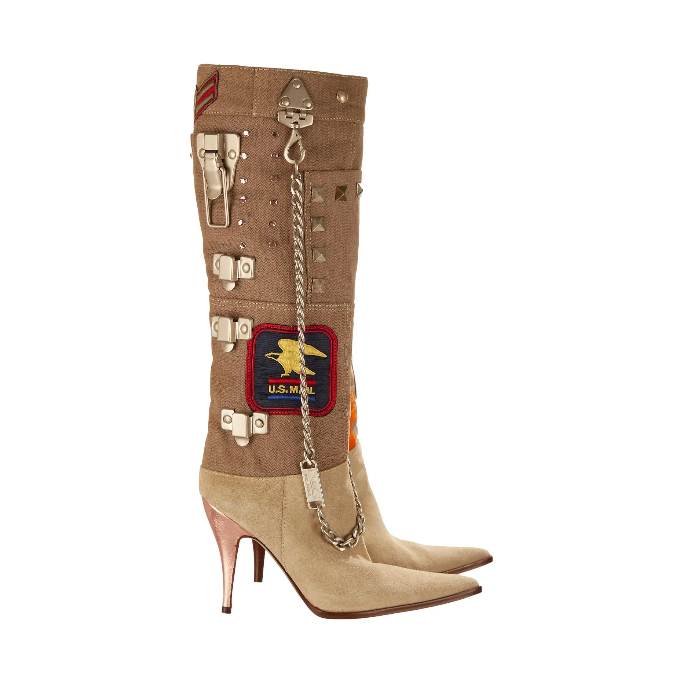 Dolce & Gabbana Tan Chain Patch Boots