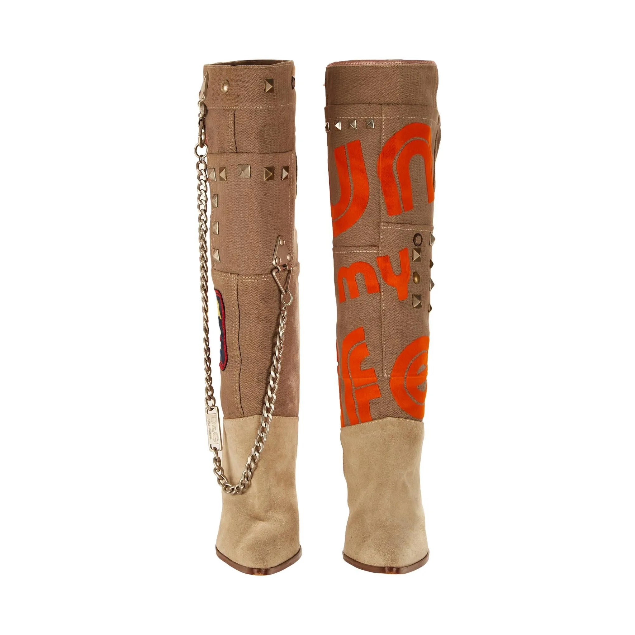 Dolce & Gabbana Tan Chain Patch Boots