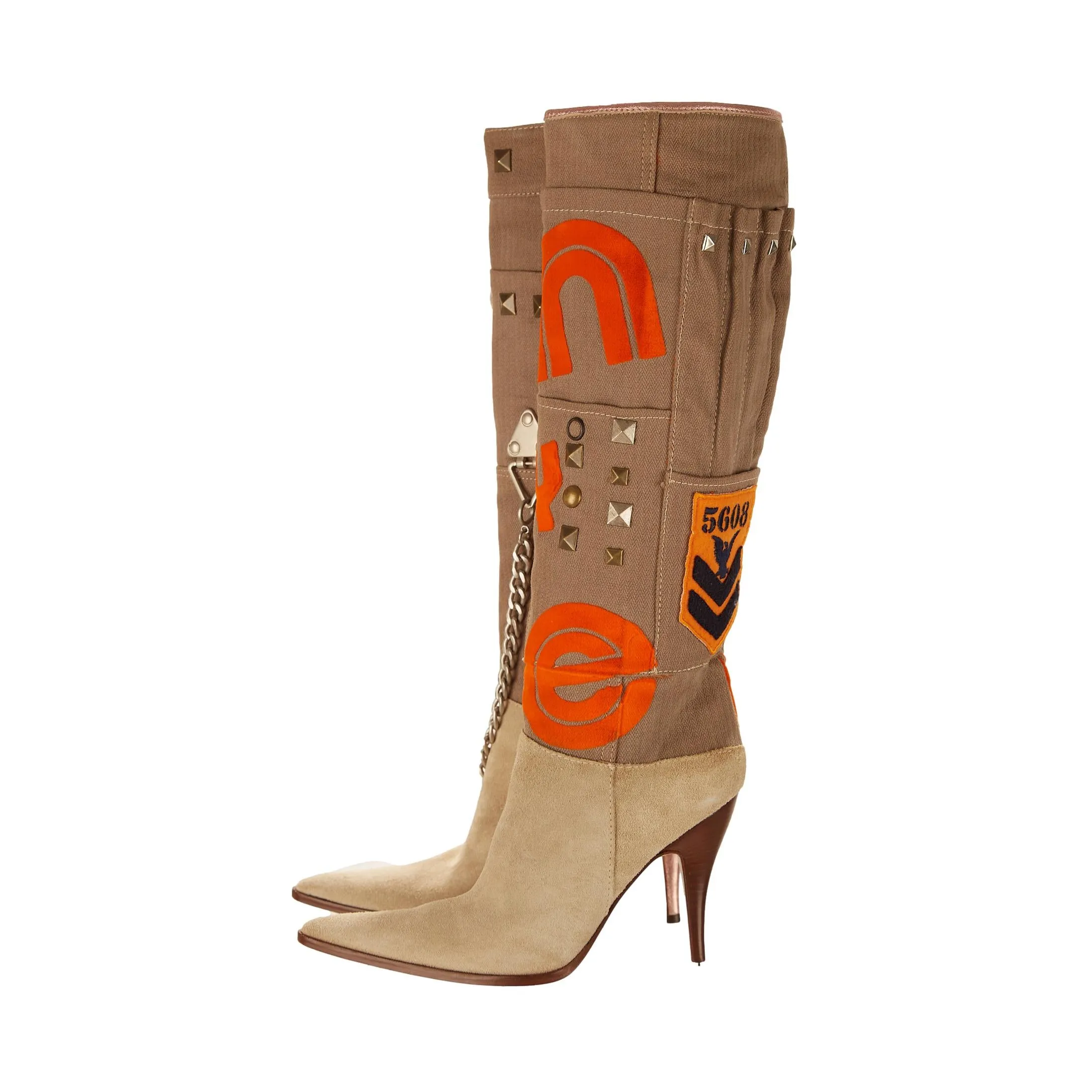 Dolce & Gabbana Tan Chain Patch Boots