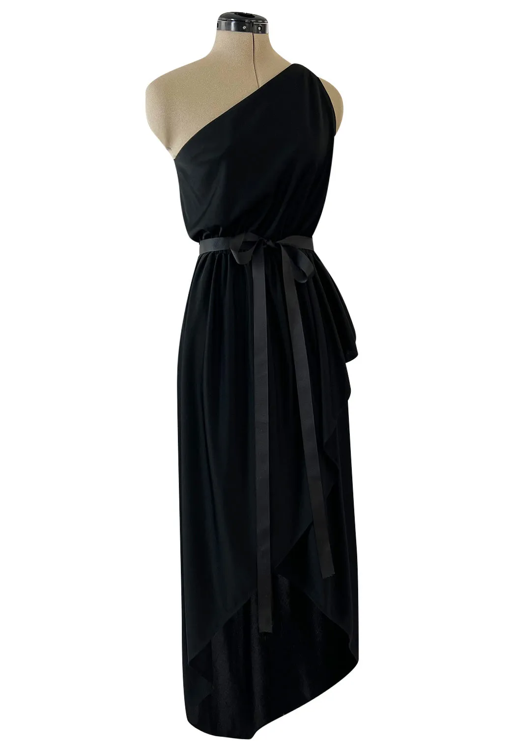 Easy to Wear 1970s Halston Black Jersey One Shoulder High Low Dress