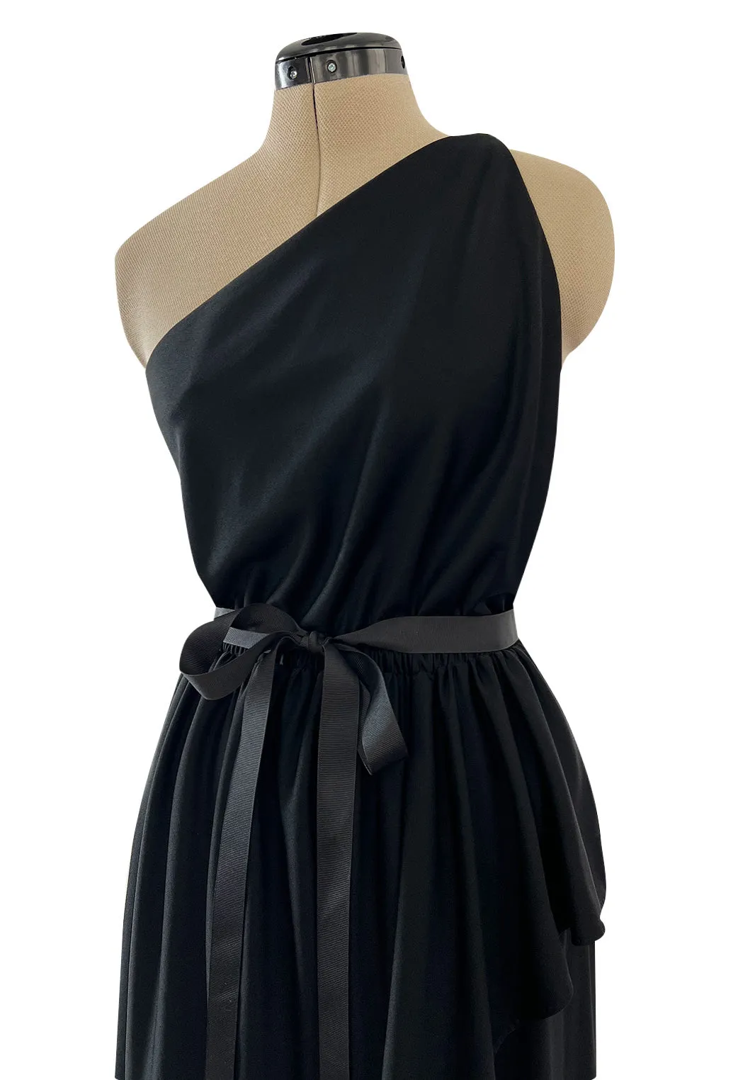 Easy to Wear 1970s Halston Black Jersey One Shoulder High Low Dress