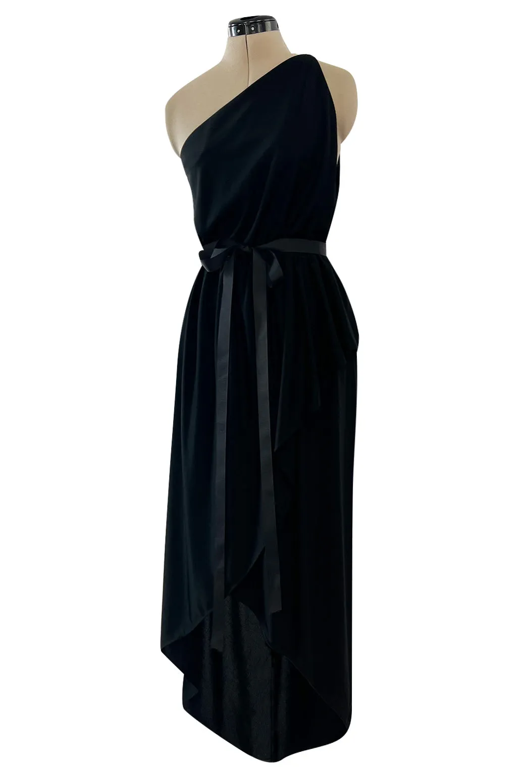 Easy to Wear 1970s Halston Black Jersey One Shoulder High Low Dress