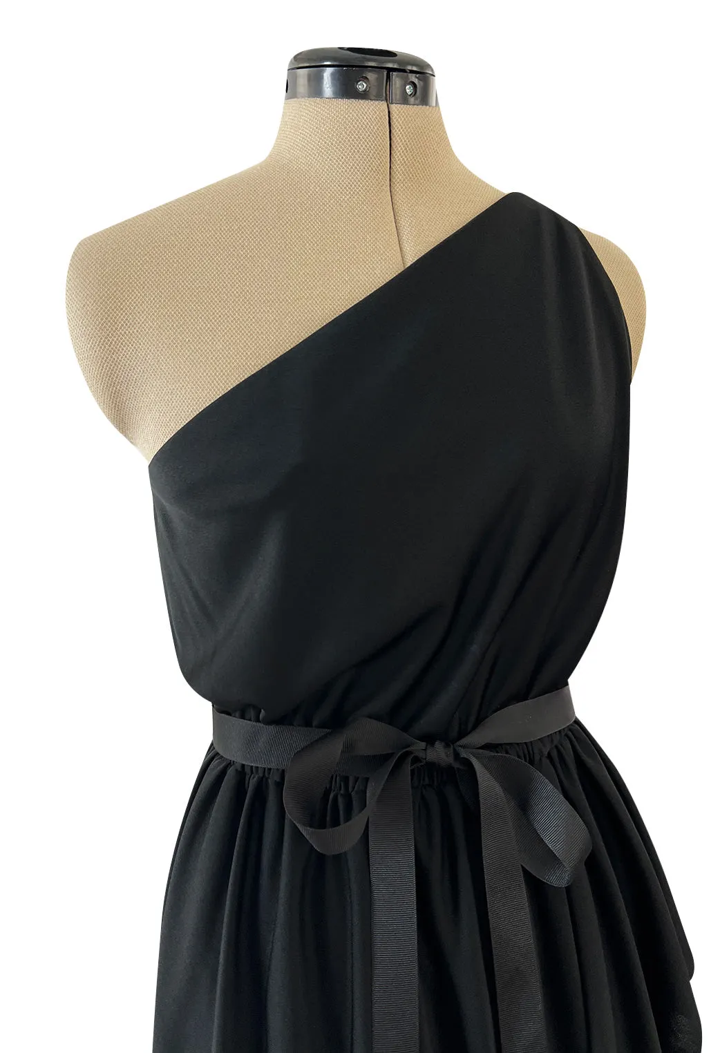 Easy to Wear 1970s Halston Black Jersey One Shoulder High Low Dress