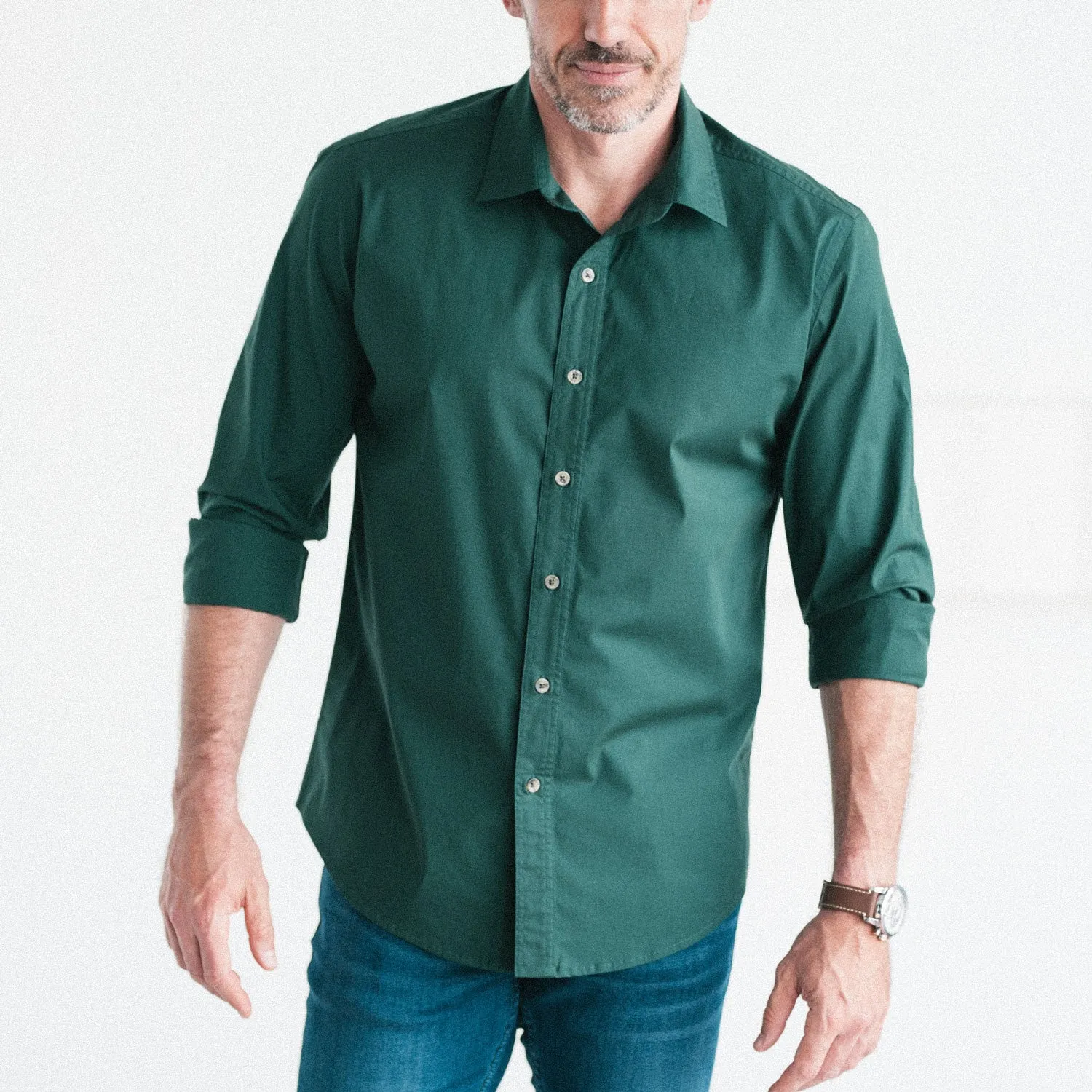Essential Spread Collar Casual Shirt - Forest Green Stretch Cotton Poplin