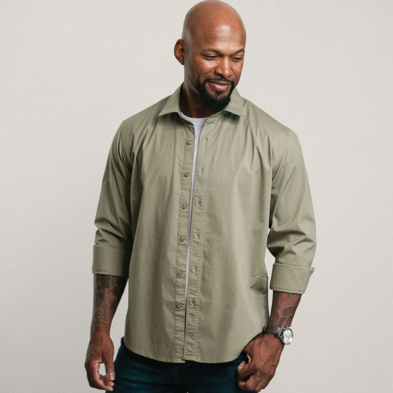Essential Spread Collar Casual Shirt - Light Fatigue Stretch Cotton Poplin
