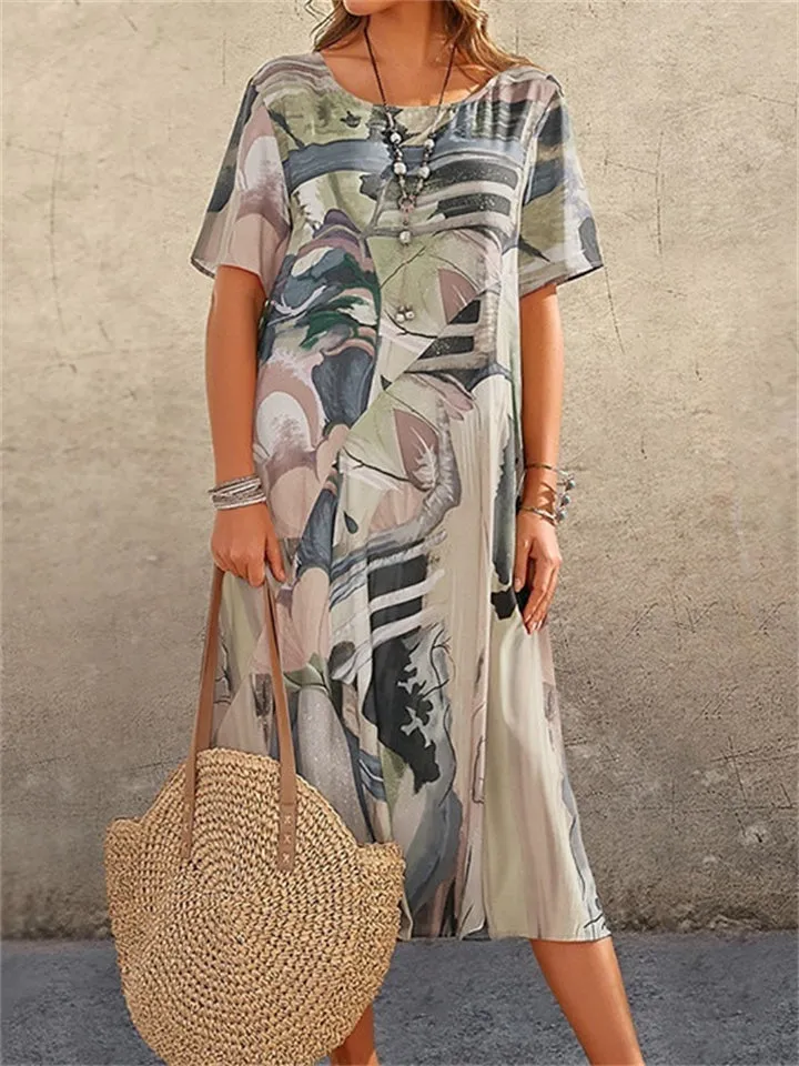 Female Casual Art Print Crew Neck Short Sleeve Vacation Dress