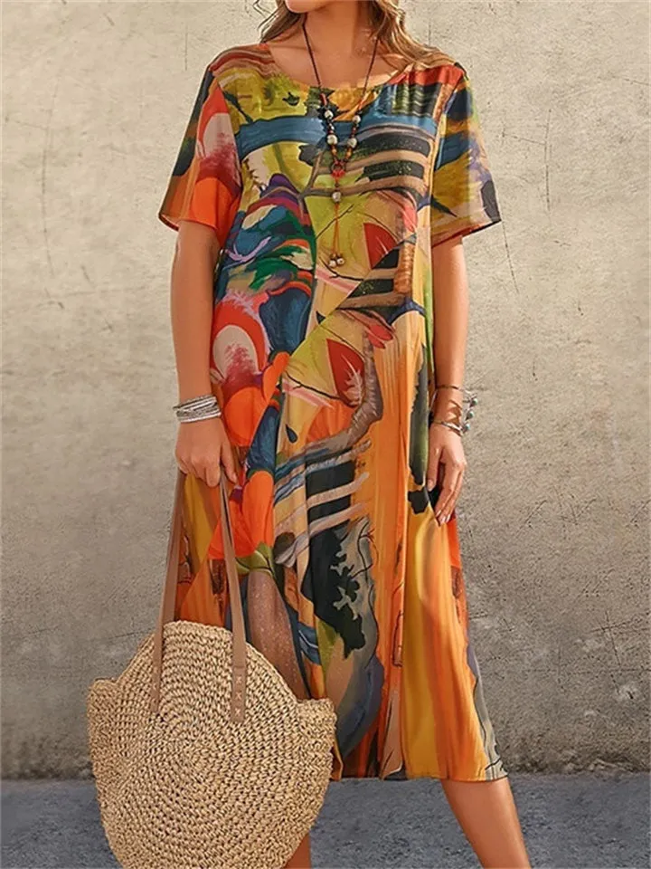 Female Casual Art Print Crew Neck Short Sleeve Vacation Dress