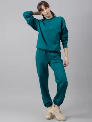 Fitkin Women Green Solid Oversized Fleece Jogger Pants