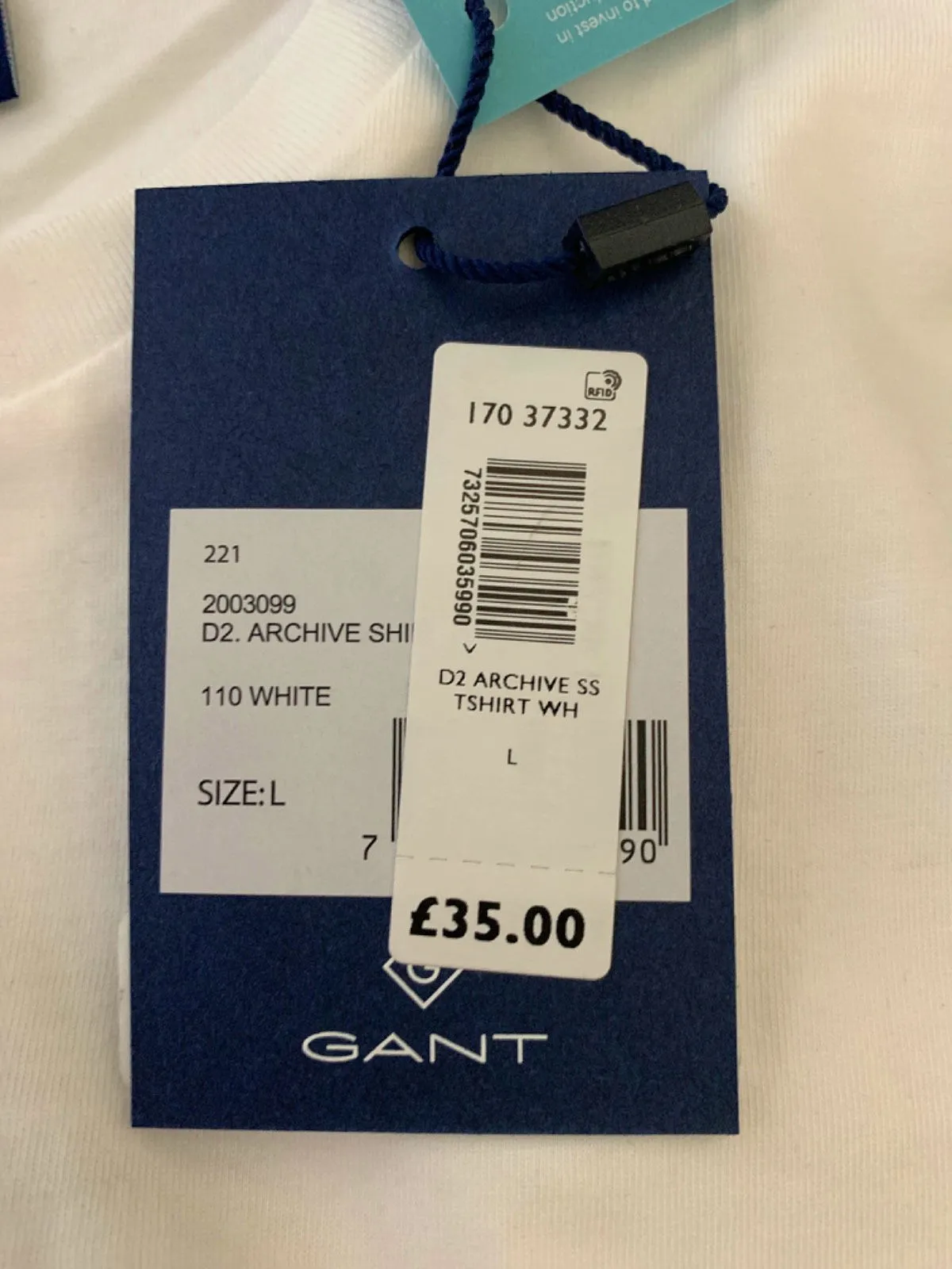 GANT White Embroidered Logo SS T-Shirt SIZE L