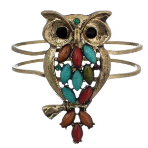 Gold Multicolor Beaded Hoot Owl Hinged Bracelet