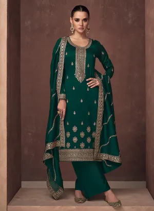 Green and Gold Embroidered Stylish Pant Suit