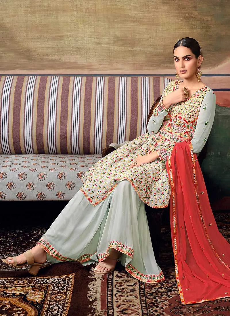 Grey Mirror Embroidered Stylish Gharara Suit