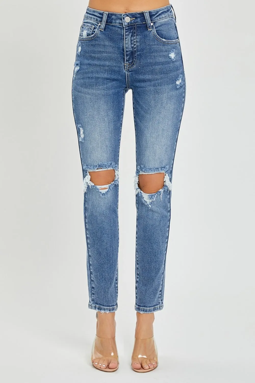 Hazel Blues® |  Risen High Rise Knee Distressed Skinny Jeans