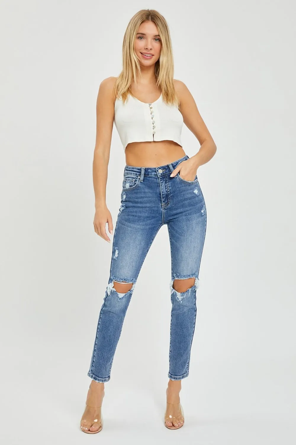 Hazel Blues® |  Risen High Rise Knee Distressed Skinny Jeans
