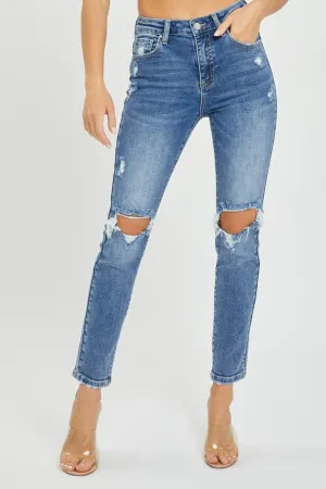 Hazel Blues® |  Risen High Rise Knee Distressed Skinny Jeans