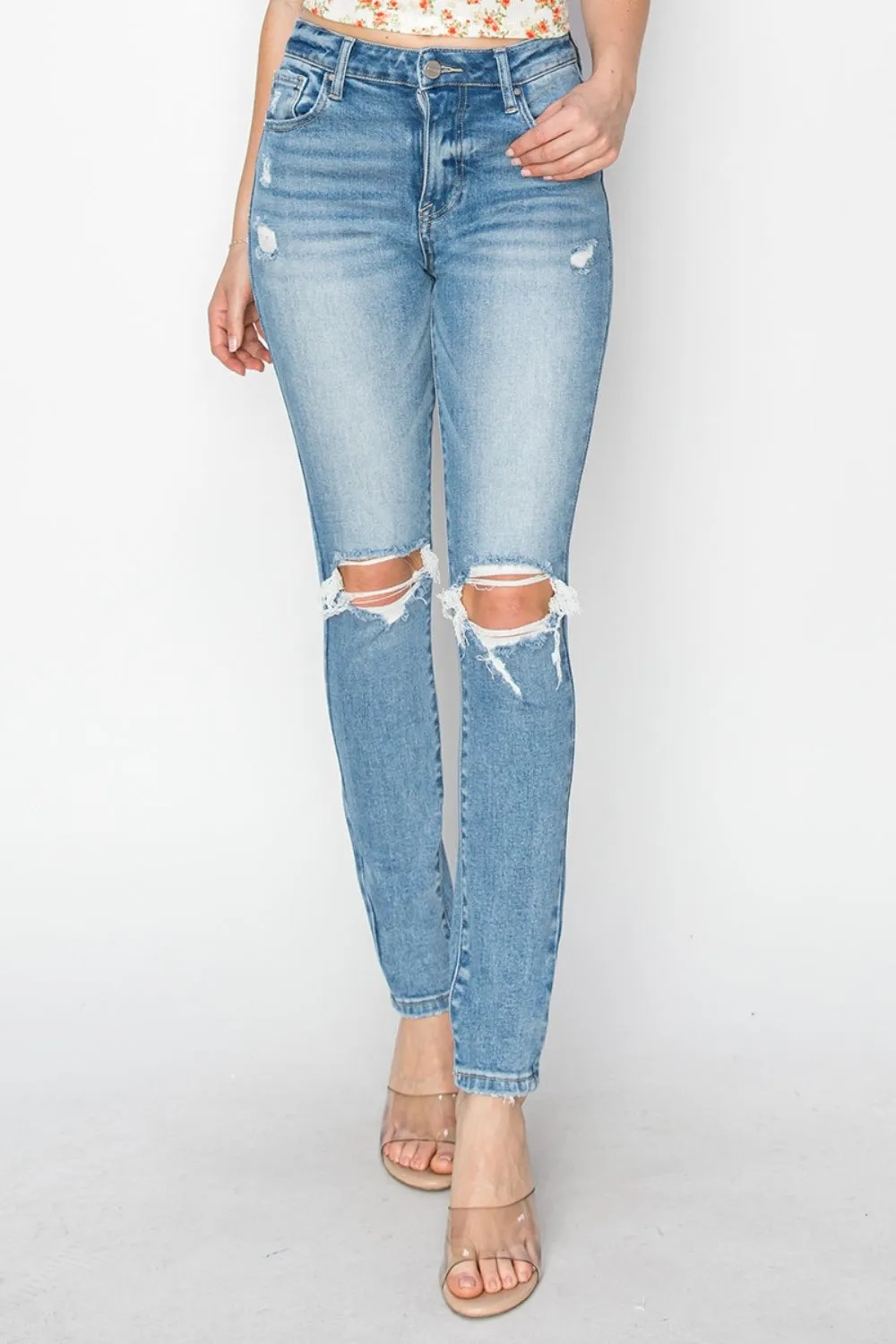 Hazel Blues® |  Risen High Rise Knee Distressed Skinny Jeans