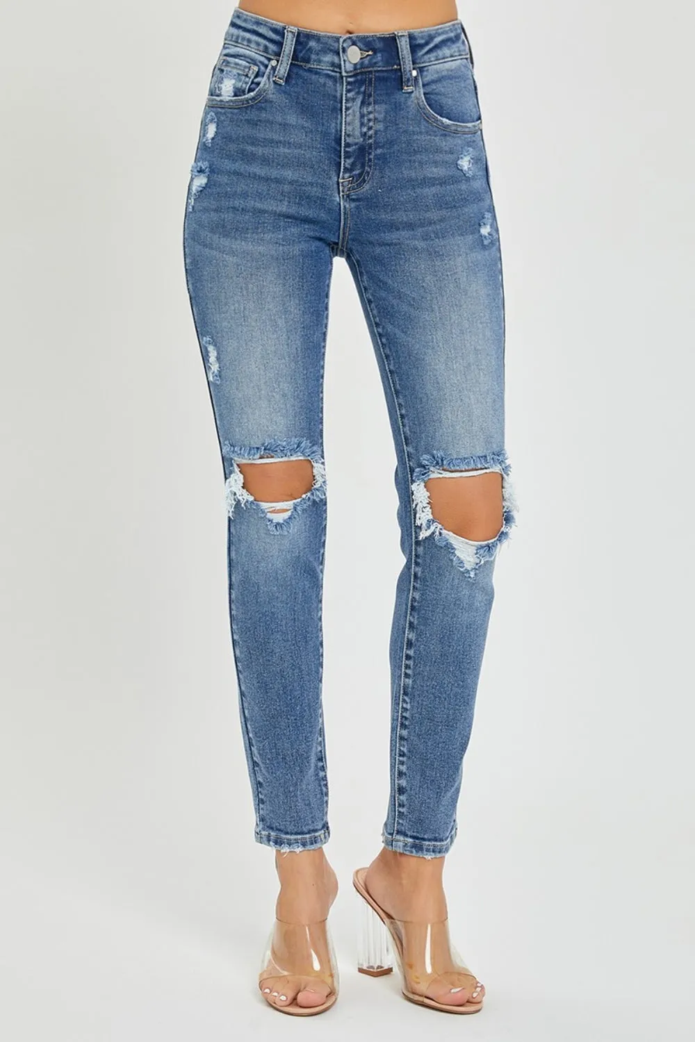 Hazel Blues® |  Risen High Rise Knee Distressed Skinny Jeans