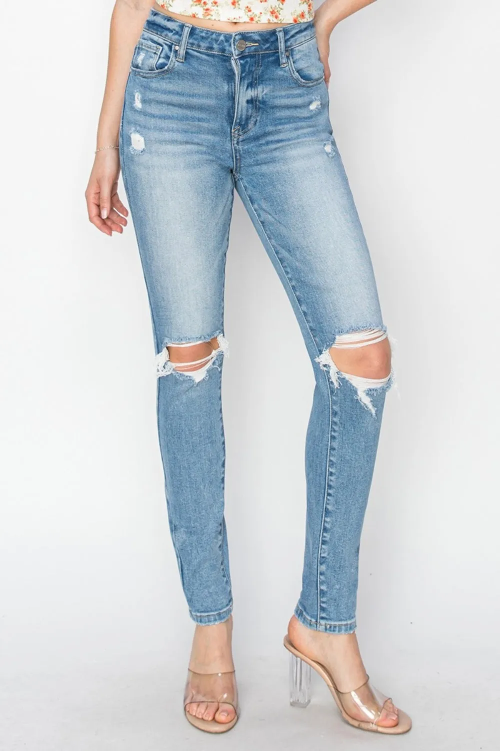 Hazel Blues® |  Risen High Rise Knee Distressed Skinny Jeans
