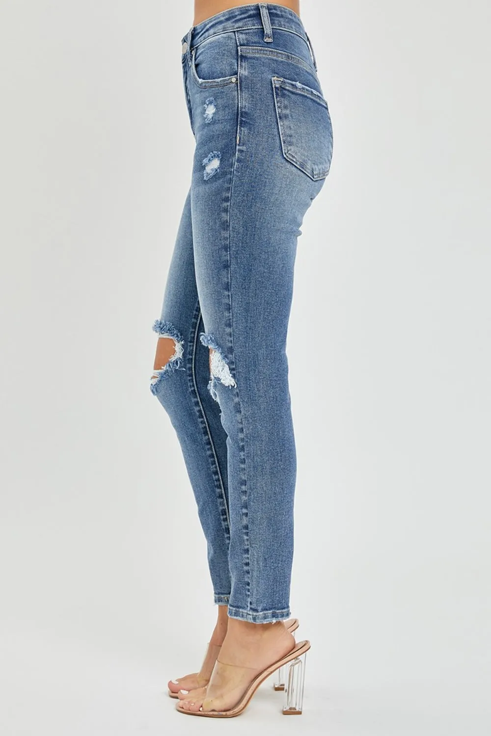 Hazel Blues® |  Risen High Rise Knee Distressed Skinny Jeans