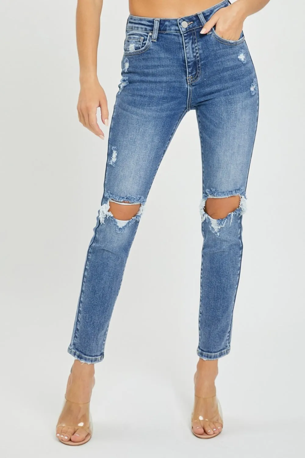 Hazel Blues® |  Risen High Rise Knee Distressed Skinny Jeans