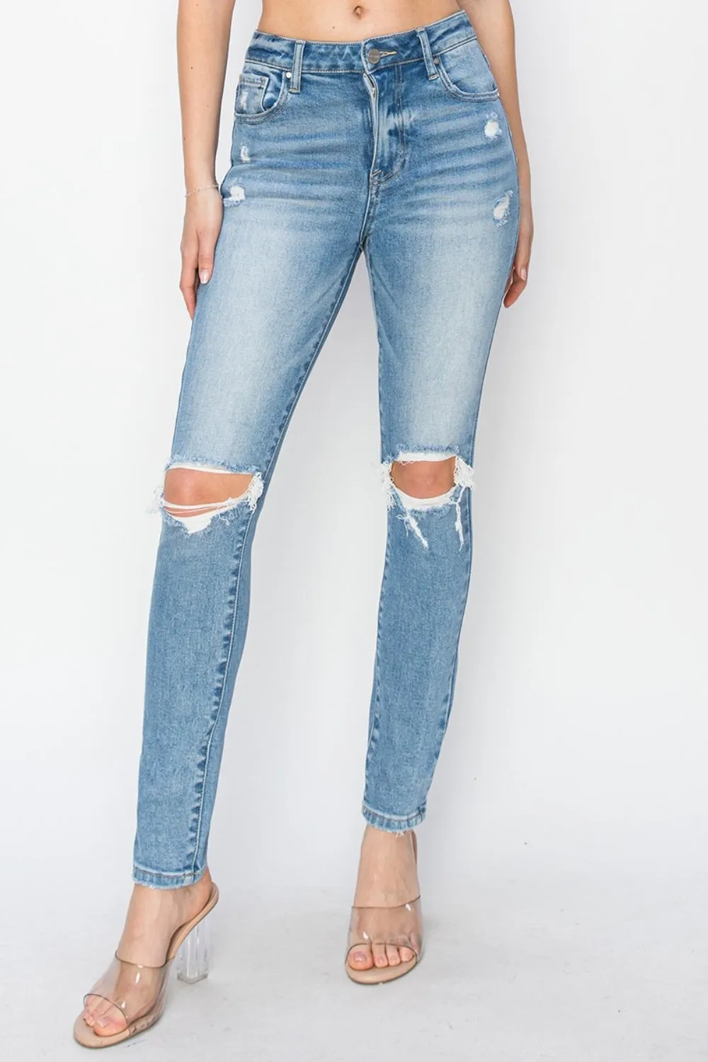 Hazel Blues® |  Risen High Rise Knee Distressed Skinny Jeans