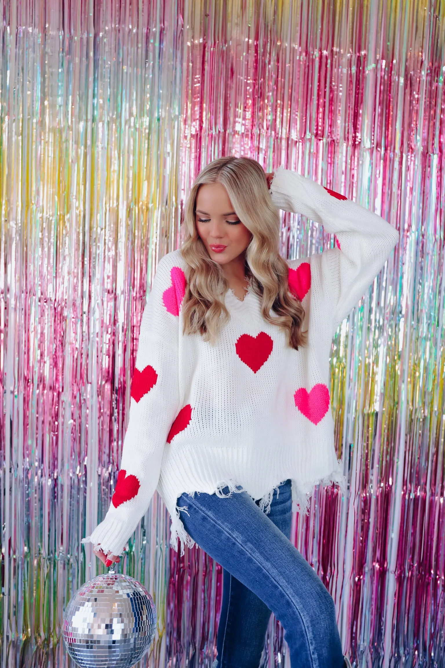 Heart Printed Frayed V-Neck Sweater