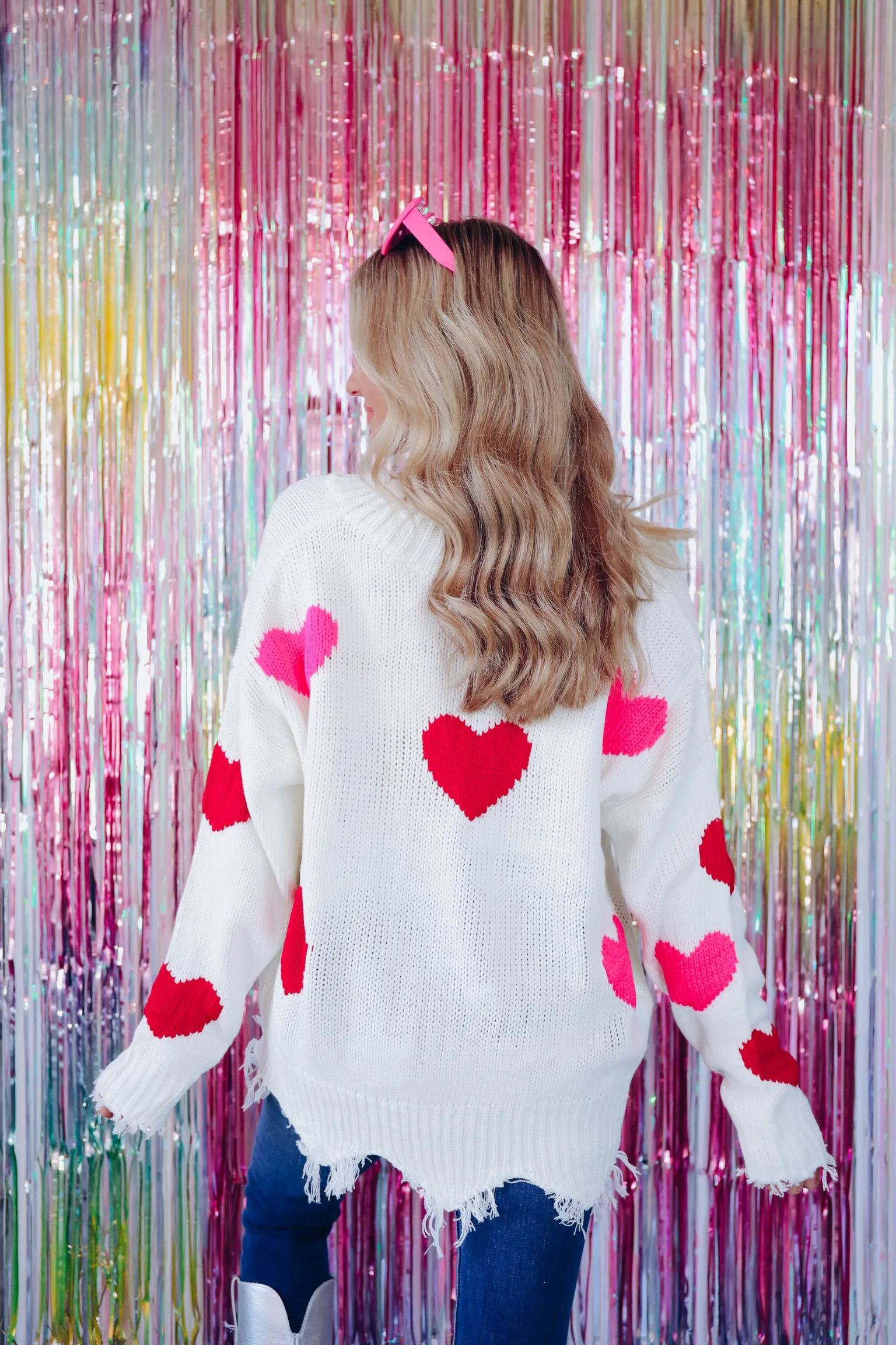 Heart Printed Frayed V-Neck Sweater