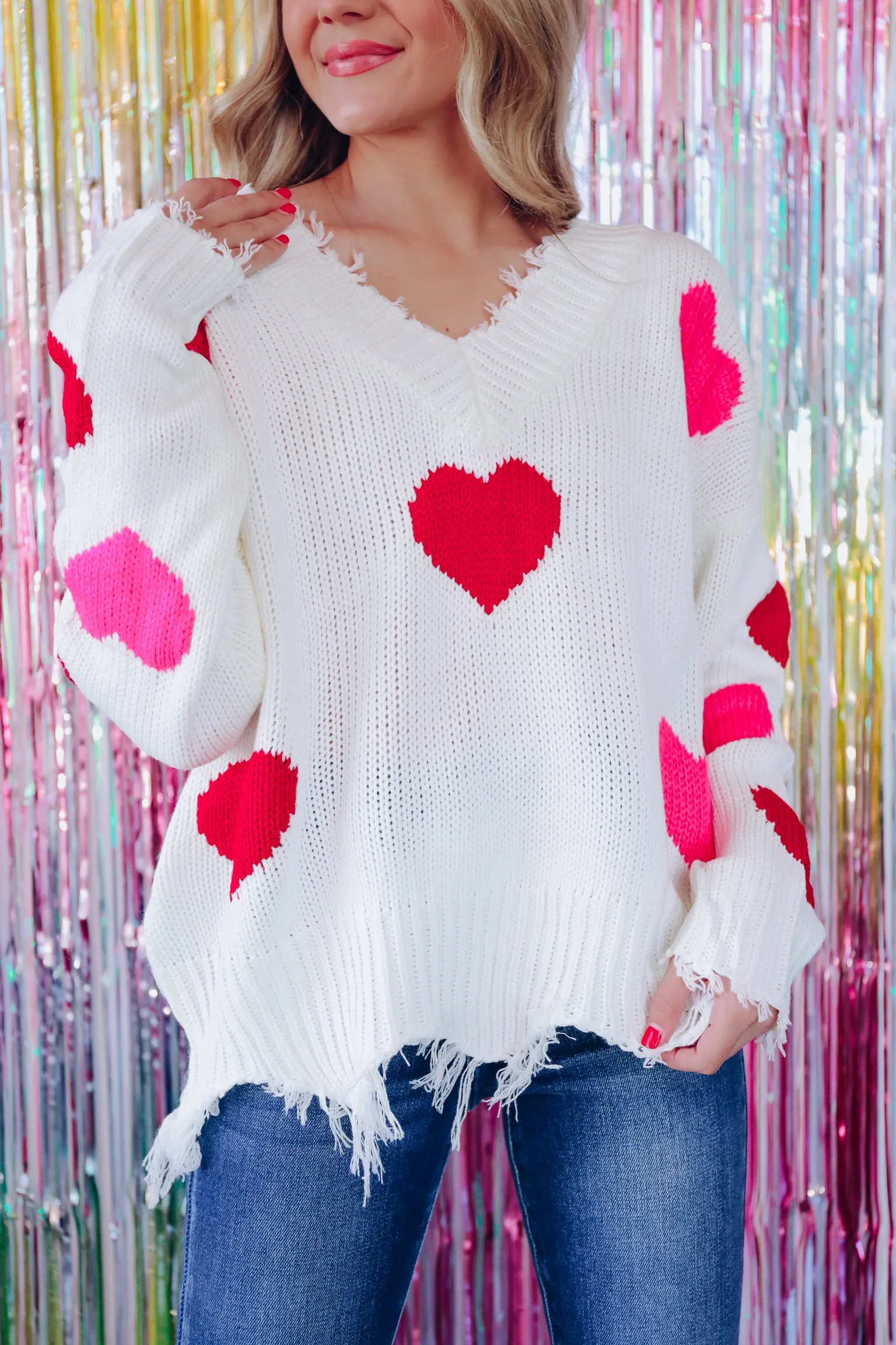 Heart Printed Frayed V-Neck Sweater