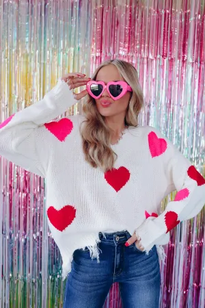 Heart Printed Frayed V-Neck Sweater