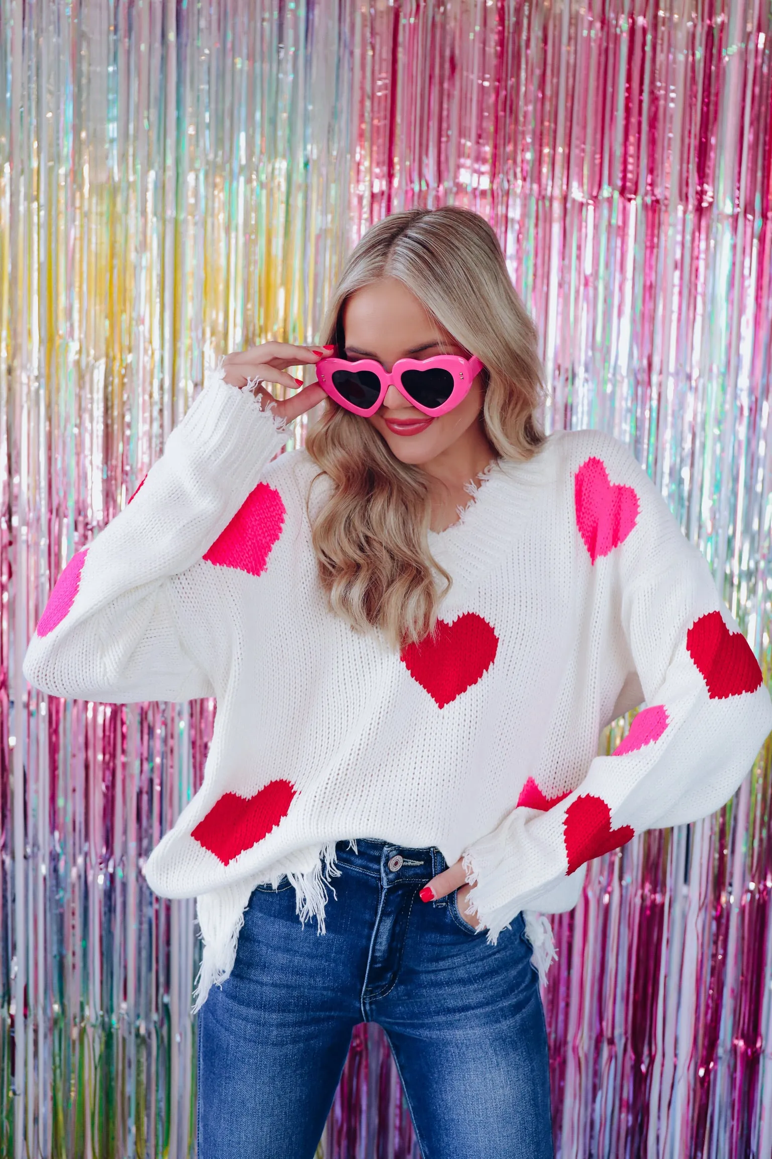 Heart Printed Frayed V-Neck Sweater