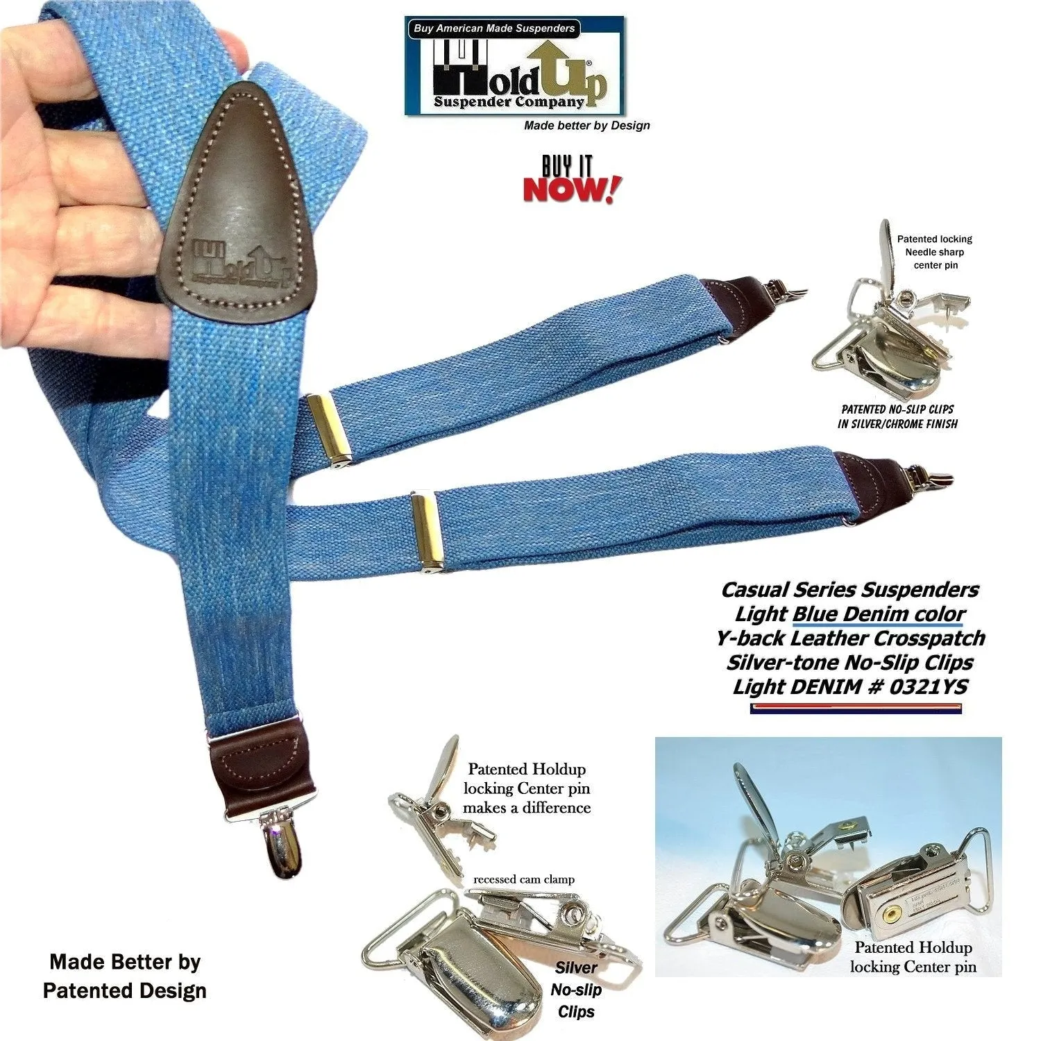 Holdup Light Blue Denim Suspenders Y-back men's suspenders with USA Patented No-slip Silvertone Clips