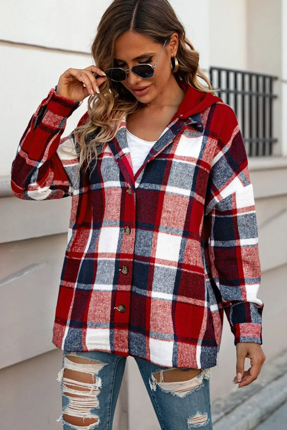 KaleaBoutique Stylish Hooded Plaid Button Front Shacket