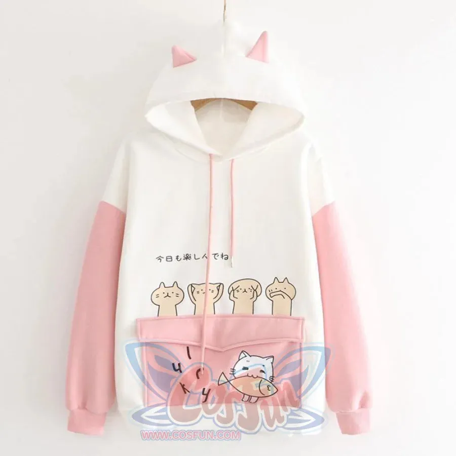 Kitty Flap Color Block Cat Ears Hoodie J40232