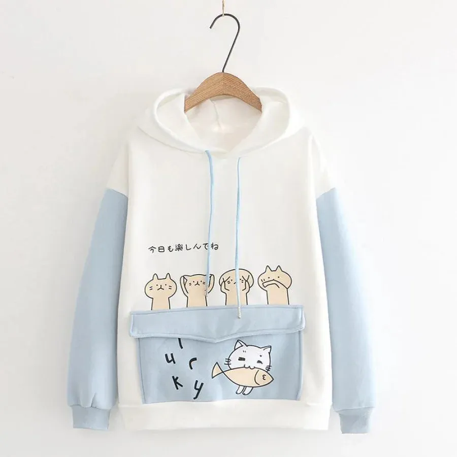 Kitty Flap Color Block Cat Ears Hoodie J40232