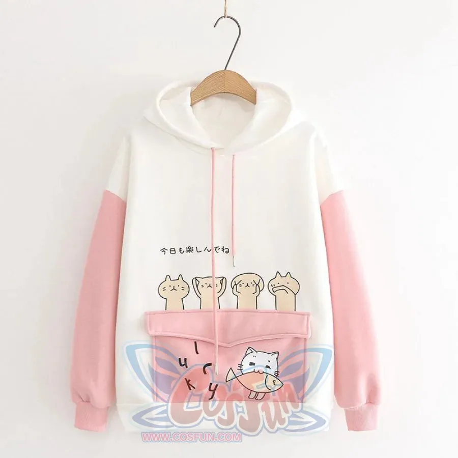 Kitty Flap Color Block Cat Ears Hoodie J40232