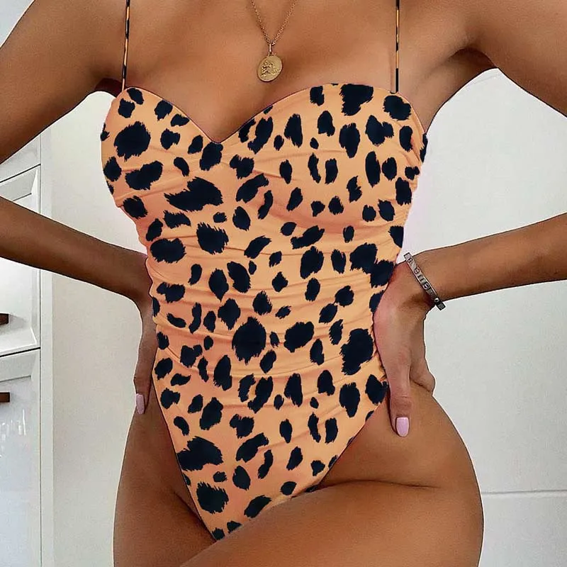 Leopard Pattern Sleeveless Spaghetti Strap One Piece Swimsuit