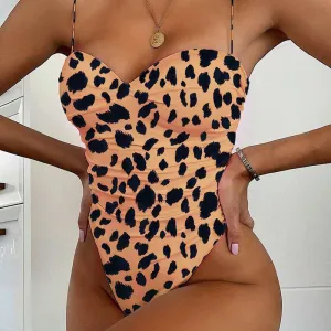 Leopard Pattern Sleeveless Spaghetti Strap One Piece Swimsuit